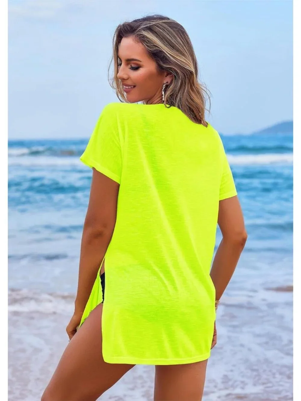 Women's Fluorescence Yellow Sleeve Cover Ups for Beach Bathing Suit Swimwear